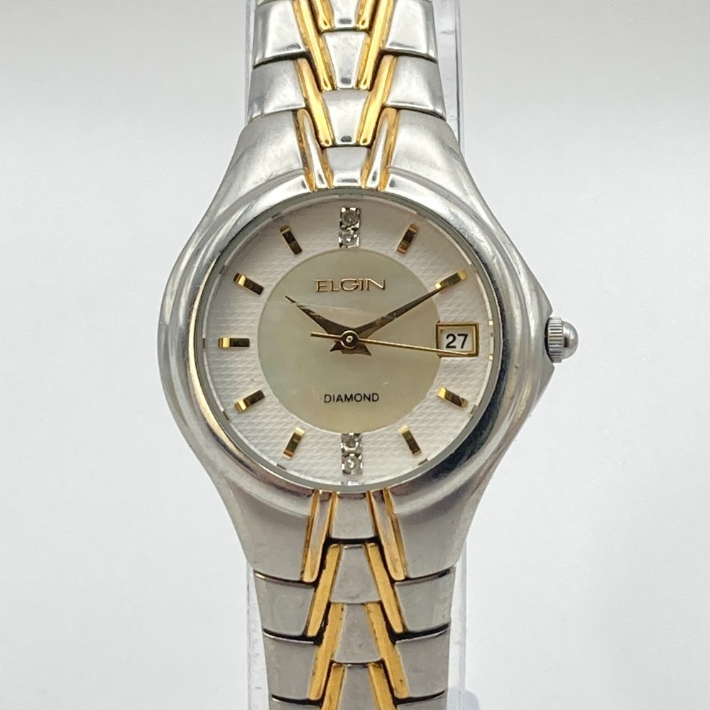 Elgin Women's Diamond Watch 25mm Silver Gold Tone MOP Dial Date New Battery 7"